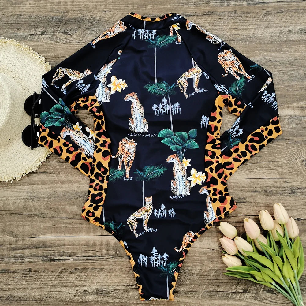 2026 Surfing Sport Swimsuit Long Sleeves Women One Piece Swimsuit  Swimwear Solid Monokini Bathing Suit Tropical Bodysuit Female