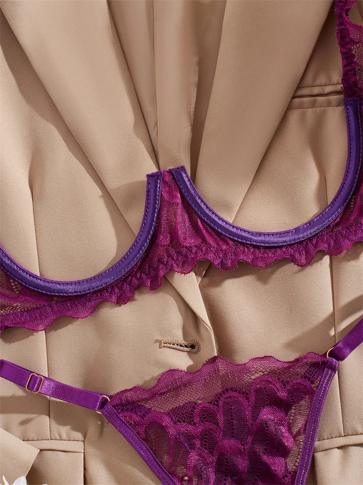 Women's Lingerie Ultra Sexy Open Bra Thong Sets Romantic Lace Underwear Hollow Ultra Thin Lingerie Set Intimate Erotic Lingerie