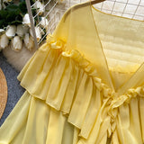SINGREINY Chic Ruffles Splice Chiffon Blouse V Neck Flared Sleeve Loose Tops 2025 Fashion Solid Fairycore Vacation Women Shirt