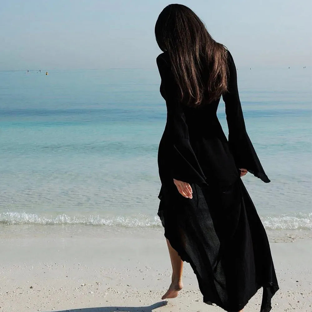 V Neck Summer Beach Cover Up Long Sleeve Ruffled Bikini Sunscreen Smock Vacation Casual Swimsuit Cover Up Dress for Women