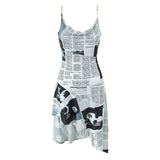 YENKYE New Women Newspaper Letter Print Irregular Hem Sling Dresses Fashion Backless Thin Straps With Chain Summer Sexy Dress