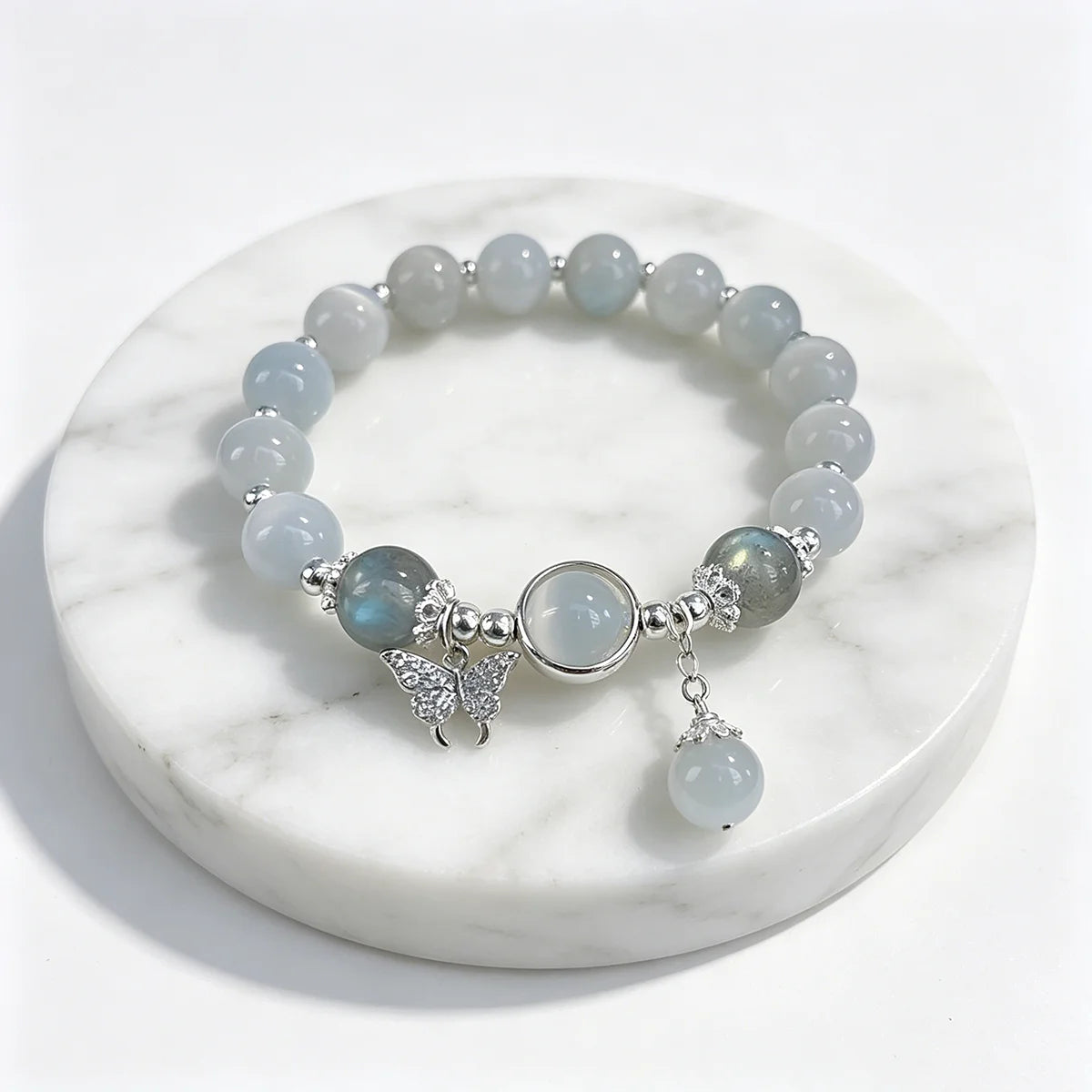 Dainty Blue Cats Eye Beaded Bracelet, Cute Butterfly Charm Elastic Hand Chain, Moonlight Opalite Stone Jewelry, Graduation Birthday Gift for Best Friend Teen