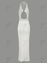Sexy Knit Halter V Neck Slit Beach Maxi Dress For Women 2026 Chic Button Cut Out Backless Party Dresses Swimwear Cover Up A3151