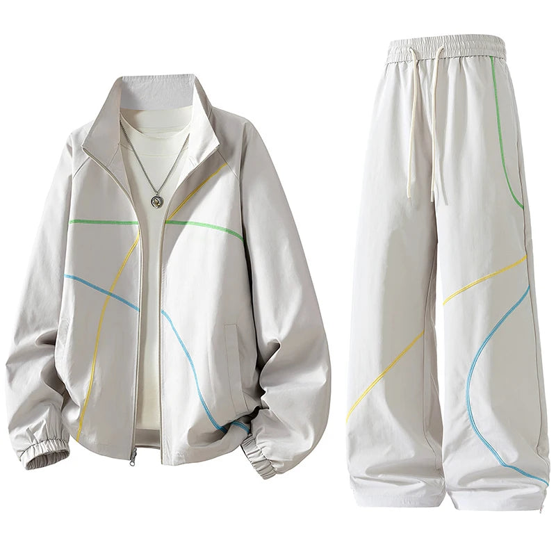 Unisex 2‑Pieces Tracksuit Set Color Contrast Stitching Stand Collar Zip‑Up Jacket Wide Leg Pants Windproof Outdoor Hiking Set