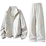 Unisex 2‑Pieces Tracksuit Set Color Contrast Stitching Stand Collar Zip‑Up Jacket Wide Leg Pants Windproof Outdoor Hiking Set