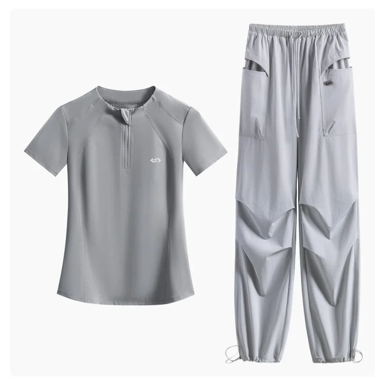 DRUR Summer Hiking Tracksuit Women Breathable Quick Dry Running Set  2 Piece Gym Outfit Slim Fit Sports Top Cargo Pants Suit New