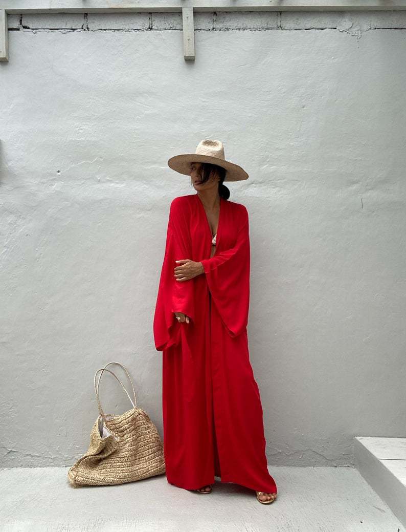 Solid Beach Cover Up Women Self Belted Wrap Kimono Dress Swimsuit 2025 New Robe Summer Beachwear Factory Supply