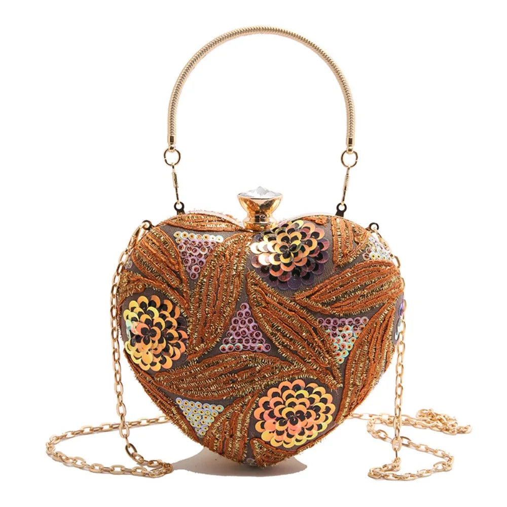 Wrist Bag Glitter Sequin Evening Banquet Bag Embroidery Elegant Heart Shape Handbag Sweet Large Capacity Ladies Clutch Bag Party