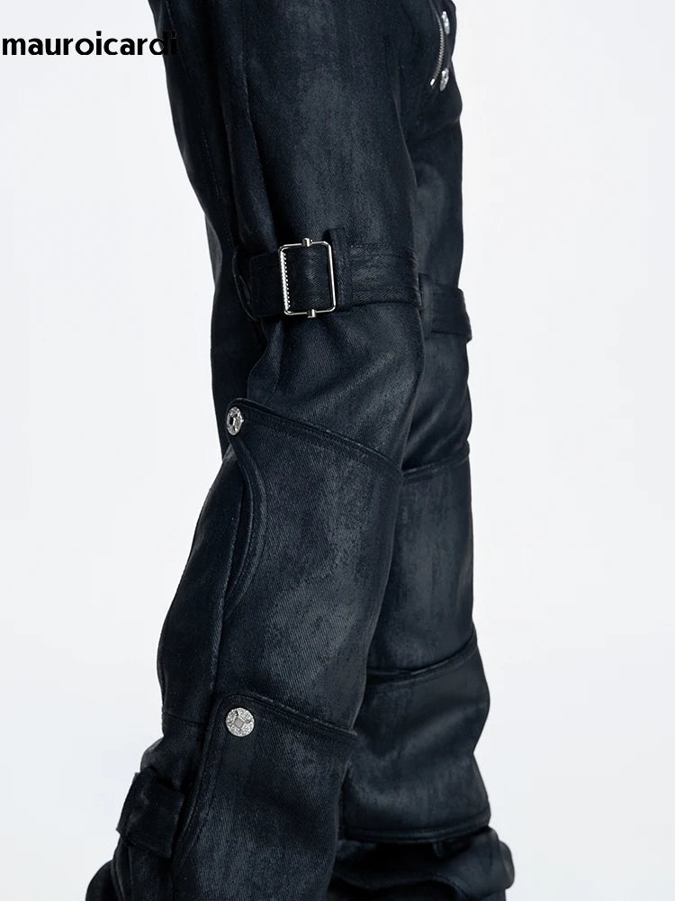 Mauroicardi Spring Long Black Distressed Waxed Cotton Denim Pants Man Metal Buckle Strap Streetwear Jeans Fashion Man Clothing
