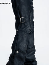 Mauroicardi Spring Long Black Distressed Waxed Cotton Denim Pants Man Metal Buckle Strap Streetwear Jeans Fashion Man Clothing