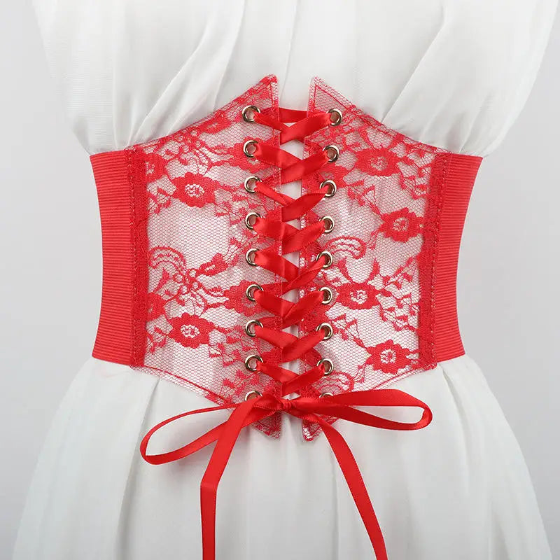 Fashion Women Waist Corset Flower Embroidery Elastic Waistband Black White Red Pink Wide Lace Slimming Body Belts Cummerbunds