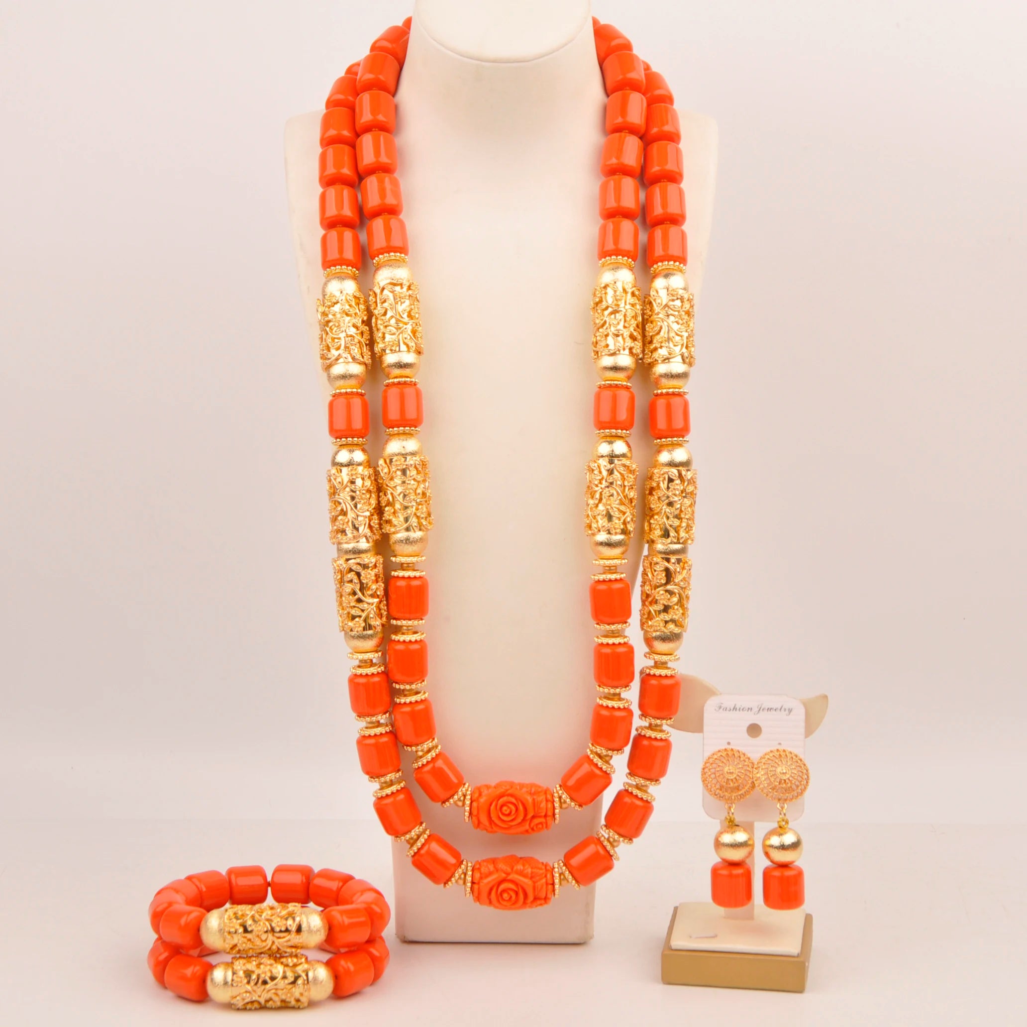 32inches 2Layers orange artifinal nigerian coral bead jewelry set wedding