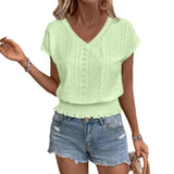2025 Spring Summer New Fashion Blouses Solid V-Neck Jacquard Hollow-Out Smocking Short-Sleeve Shirts Fashion Casual Women's Tops