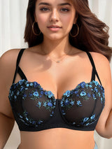 Women Plus Size Blue Floral Embroidered Lingerie Set Lace Trim Push Up Bra Stretchy Comfort Intimates For Curvy sexy Ladies 3562