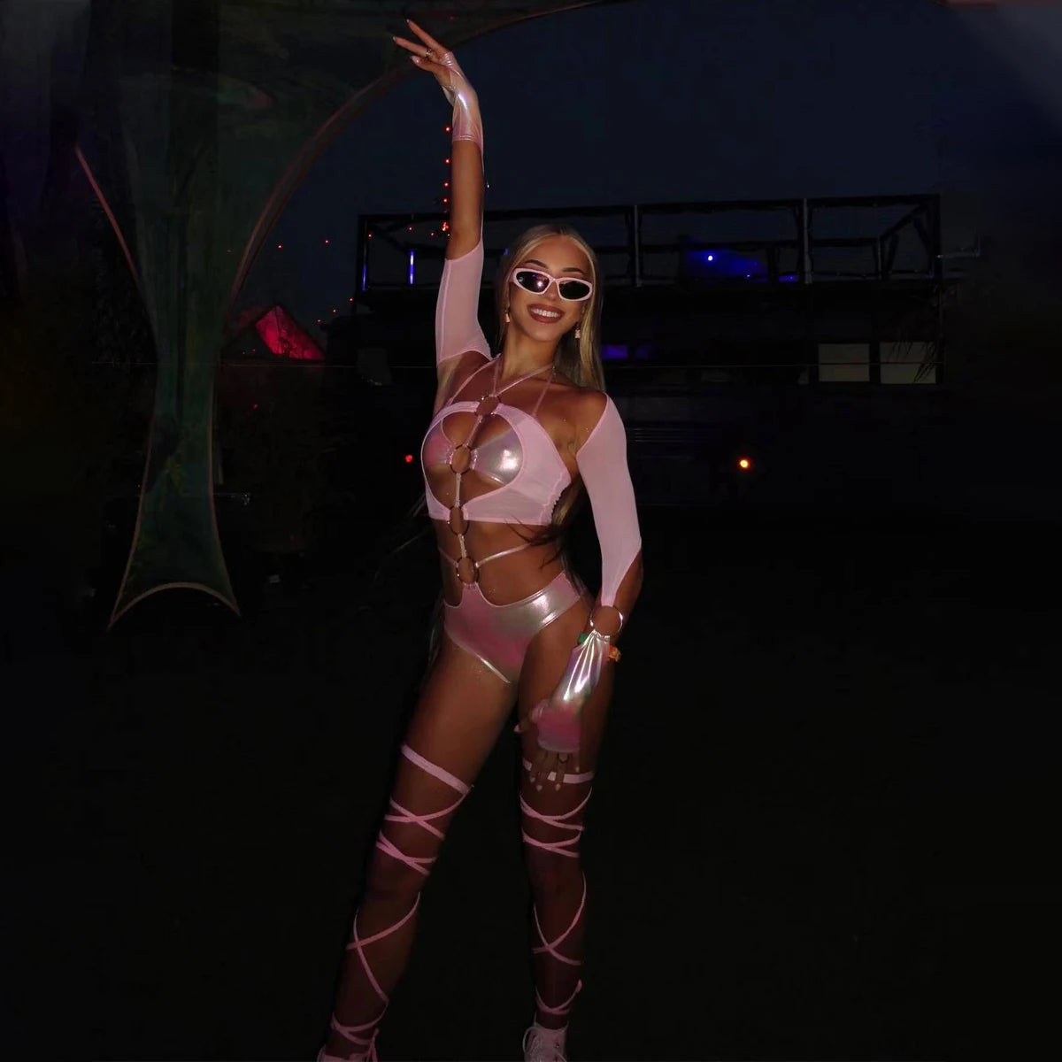 MUZISKAT Summer Pink Sexy Tight Solid Color Dress Women's Hollow Mini Skirt Nightclub Party jumpsuit 3-piece Set