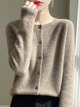 Women 100% Merino Wool Cardigan Soft O-Neck Cashmere Sweater OL Buttoned Knitwear Casual Top Clothing Korean Style