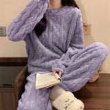 Women's Thickened Warm Sleepwear coral velvet homewear Fluffy O-neck leisure pajamas Striped Large Size Adapted Winter Sleepwear