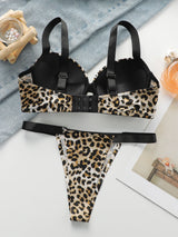 Sexy leopard print 2-piece set with gathered lifting and thickened steel support bra set for women's underwear B2051