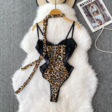 Women Hotsweet V-neck leopard slim  Vintage Straps Bodysuits Chic lace Jumpsuits Slim Top Clothing
