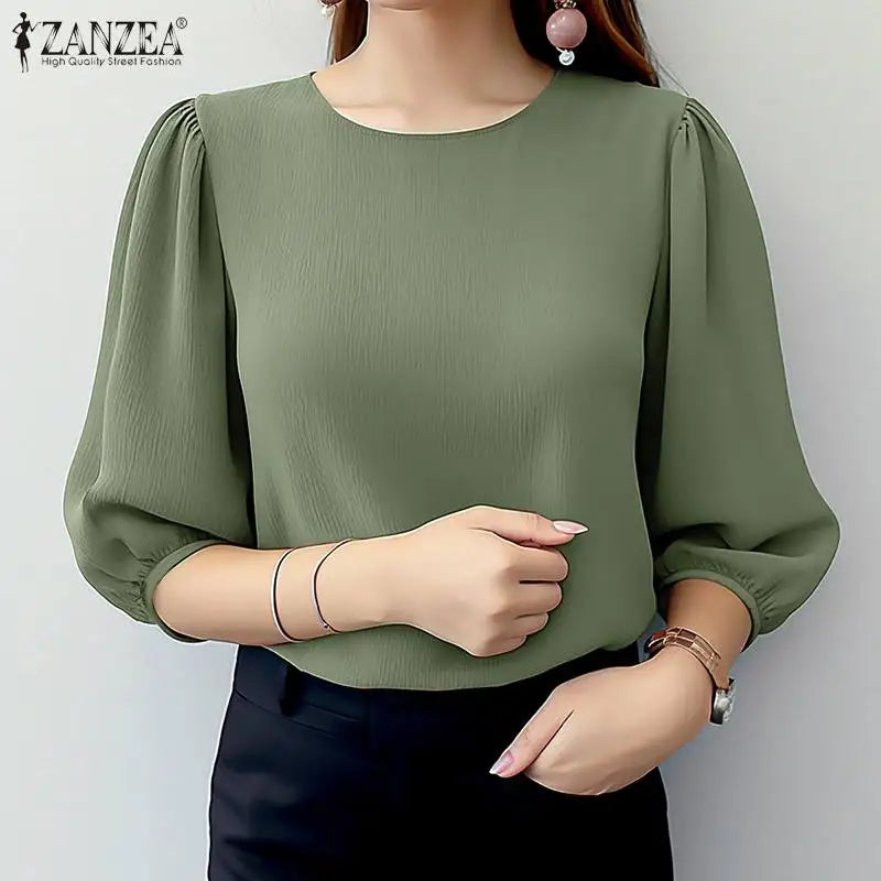 ZANZEA Women Crinkled Texture Puff Sleeve Blouse, Elegant O Neck 3/4 Sleeve Blusas Mujer, Summer Fashion Solid Color Casual Tops