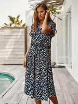 Vintage Floral Print Dress Women Boho Short Sleeve Long Dress Turn Down Collar Casual Waistband Shirt Dresses Robe 2021 Summer