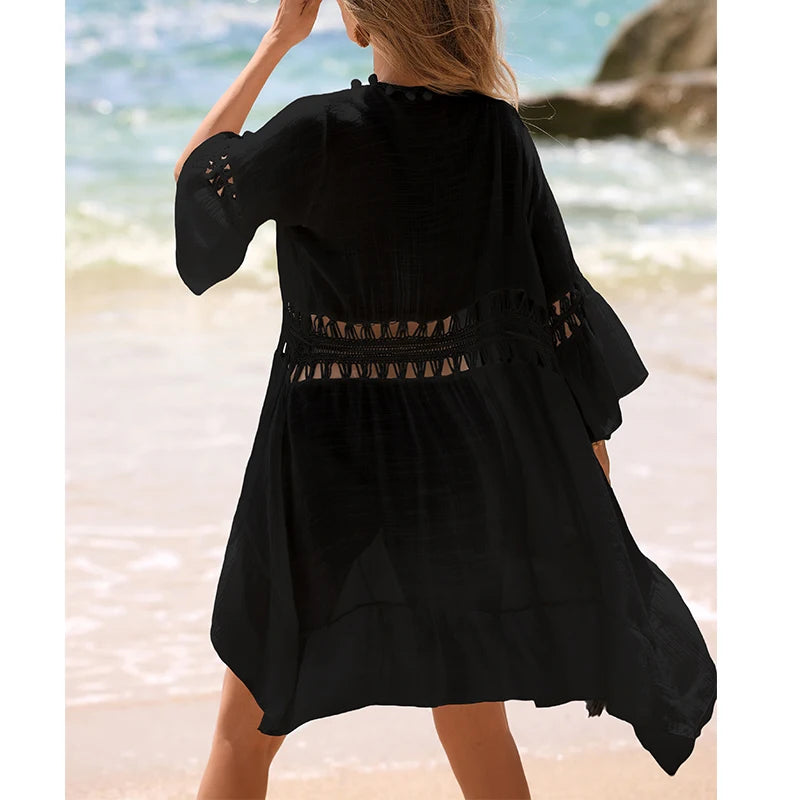 Lightweight Breathable Tassel Tie Up Cardigan, Beach Vacation Bikini Cover-Up Dress, Sexy Fitted Style, Plain Pattern