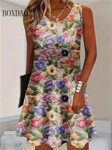 2025 Women Summer Sleeveless Bohemian Dress Fashion Imitate Cowboy Vest Flowers Print Dress Casual Tank Beach Dresses For Women