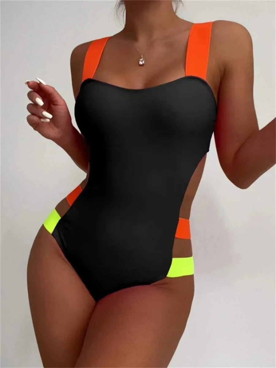 Sexy Black Contrast One Piece Swimsuit 2026 Women Neon Strap Hollow Out Backless Monokini Summer Bathing Suit Patchwork Swimwear