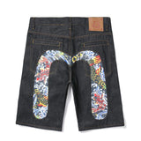 Men Embroidery Denim Shorts Black Hiphop Jeans Pants Cherry Blossom Dragon Totem Washed Zipper Cotton Summer cherry blossoms 024