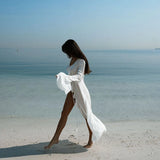 New Chiffon Tunic Beach Cover Up Cover-ups Dress Sunscreen Beachwear Womens Clothing Sexy V Neck Ruffled Long Sleeve Black White
