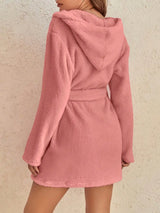 1 piece of women's solid color hooded robe with belt, cozy and warm fleece pajamas for home wear in autumn and winter.