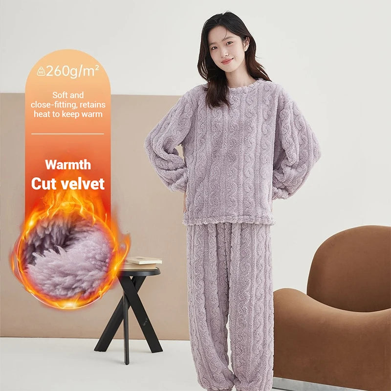 Women's Thickened Warm Sleepwear coral velvet homewear Fluffy O-neck leisure pajamas Striped Large Size Adapted Winter Sleepwear