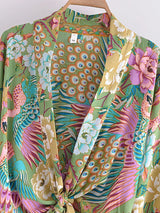 Boho Queens Peacock Short Robe Kimono Swimsuits Women Fashion Floral Batwing Sleeves Rayon Bohemian Bikini Cover Ups Beachwear