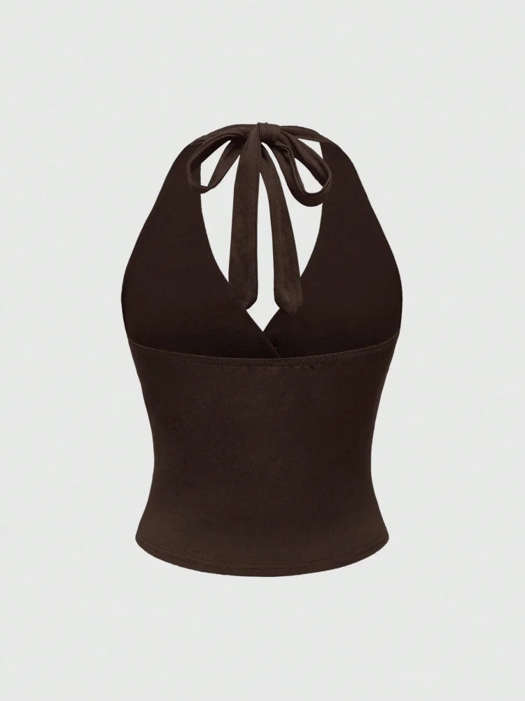 Solid V-neck Backless Halter Crop Top for Women Summer Sexy Y2K Sleeveless Ruched Top Streetwear