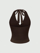 Solid V-neck Backless Halter Crop Top for Women Summer Sexy Y2K Sleeveless Ruched Top Streetwear