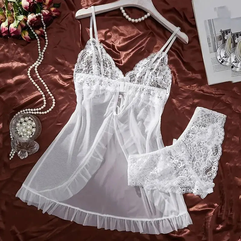Tulle Ultra Sexy Nightgown V-neck Bra Open Sleep Skirt Night Erotic Dress Woman Sheer Pajamas Lingerie Thongs Luxury Kit