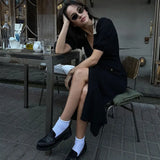 Contrast Single Breasted Knitted Dress For Women Elegant Lapel Short Sleeve Hollow Out Chic Dresses Female Red Black Vestidos