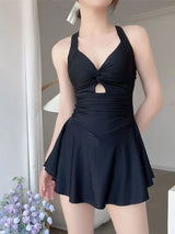 Swimming Suit for Women Solid Color Slimming One-piece Dress Style Conservative Waist Tightening Slimming Vacation Swimsuit