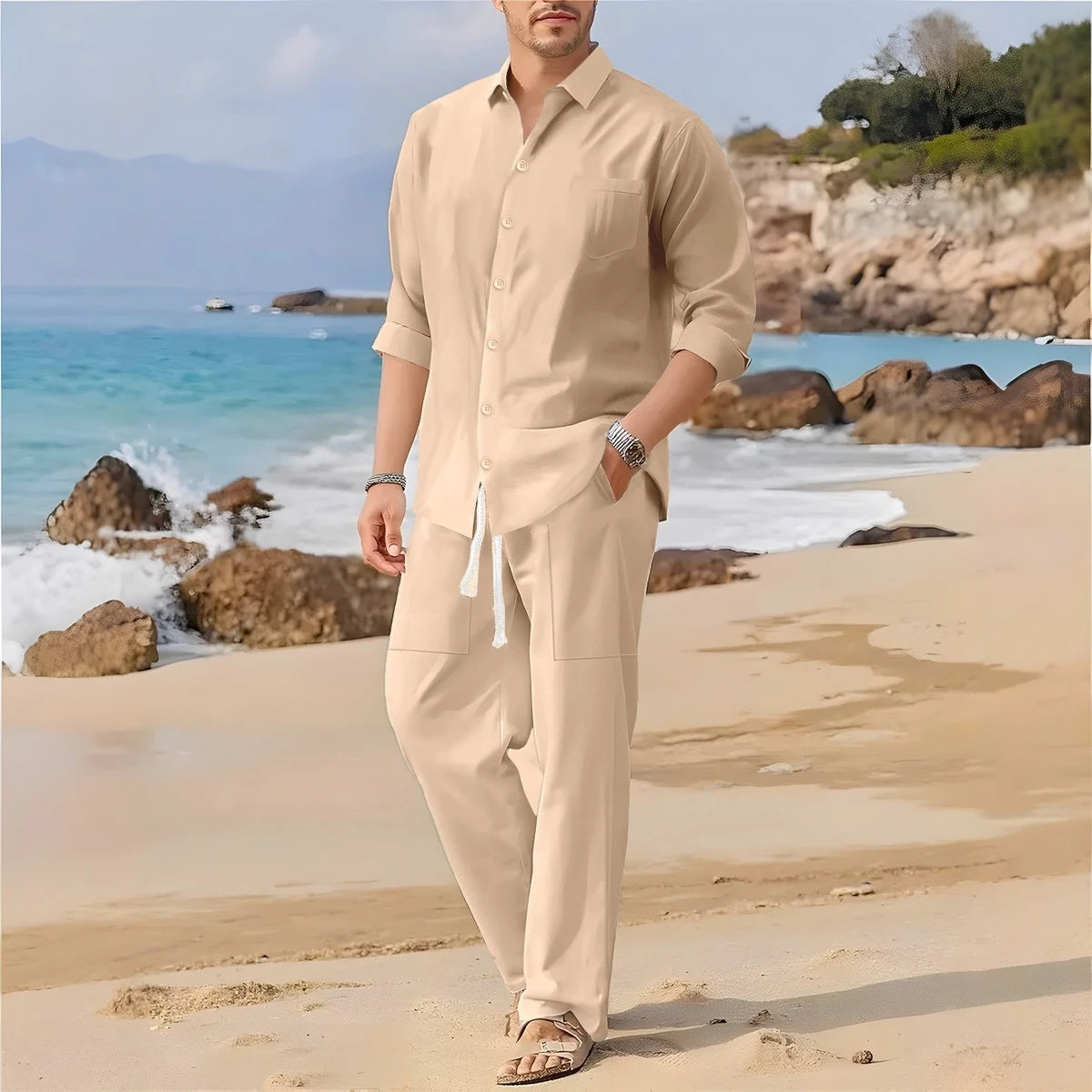 Spring, Summer Autumn New Men's Casual Long-Sleeved Set, Solid Shirt and Pants - Comfortable and Fashionable Two-Piece Set