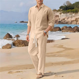 Spring, Summer Autumn New Men's Casual Long-Sleeved Set, Solid Shirt and Pants - Comfortable and Fashionable Two-Piece Set