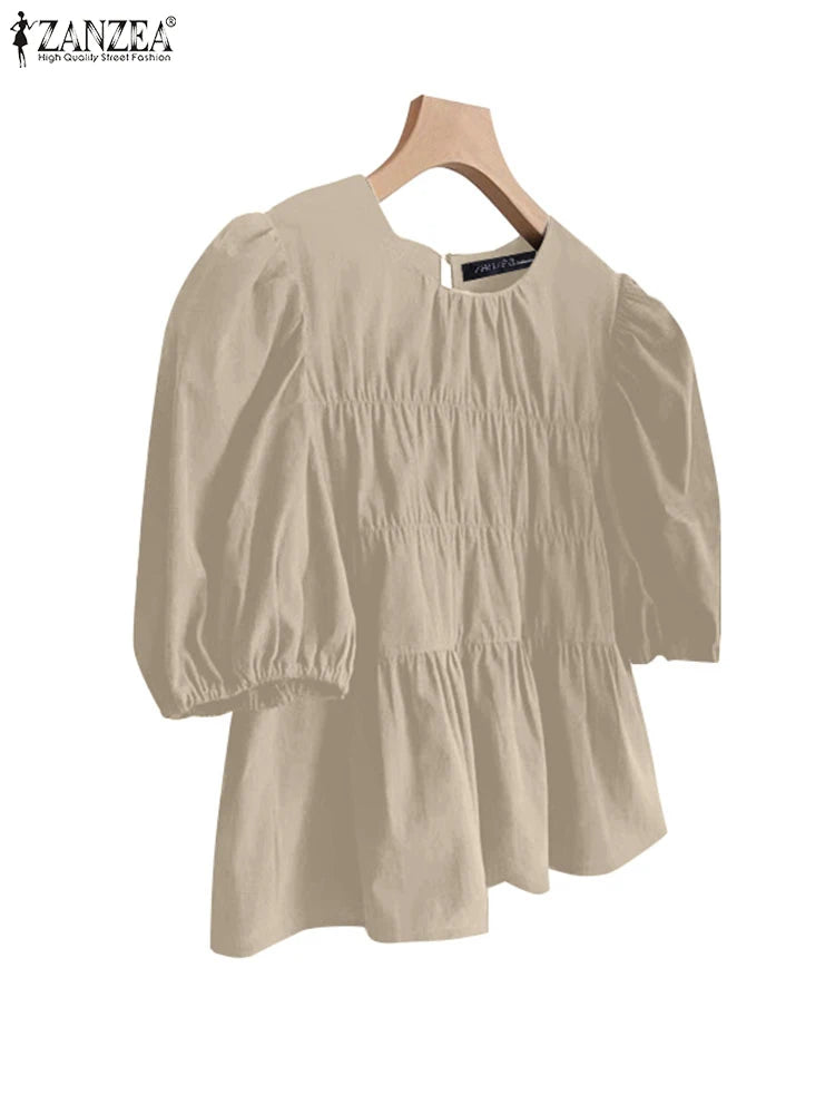 ZANZEA Women Summer Tops Short Sleeve Blouse 2025 Casual Solid Color Tunic Female Ruffled Round Neck Pleated Blusas Oversized