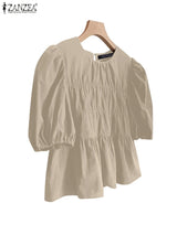 ZANZEA Women Summer Tops Short Sleeve Blouse 2025 Casual Solid Color Tunic Female Ruffled Round Neck Pleated Blusas Oversized