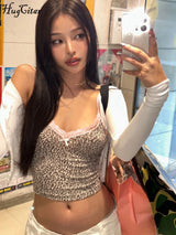 Hugcitar Leopard Print Slips Bows Patchwork Lace Sexy Slim Crop Camis Top Summer Fashion Women Y2K Outfits Festival Party
