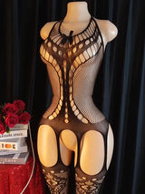 Lace Bra One-Piece Set Crotchless Lingerie Women's Curve Jumpsuit Hot Open Bras Body Stockings Halter Neck See-through Underwear