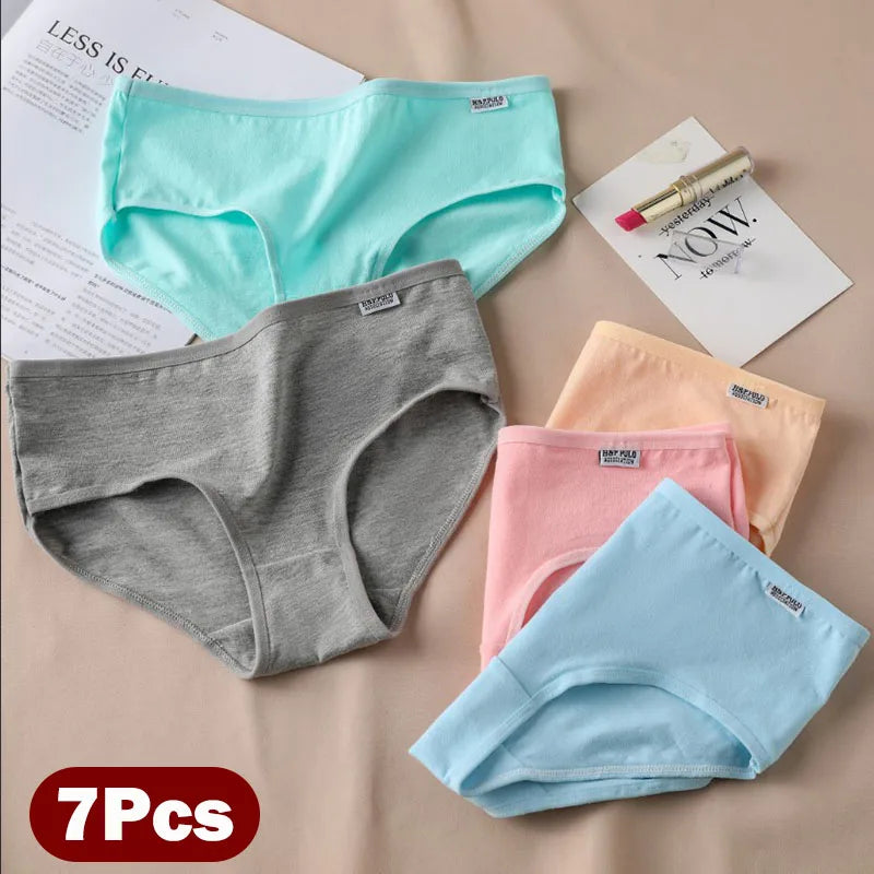 7Pcs Women's Underwear Girls Cotton Panties Sexy Briefs Breathable Soft Lingerie Female Cute Solid Color Underpants Plus Size