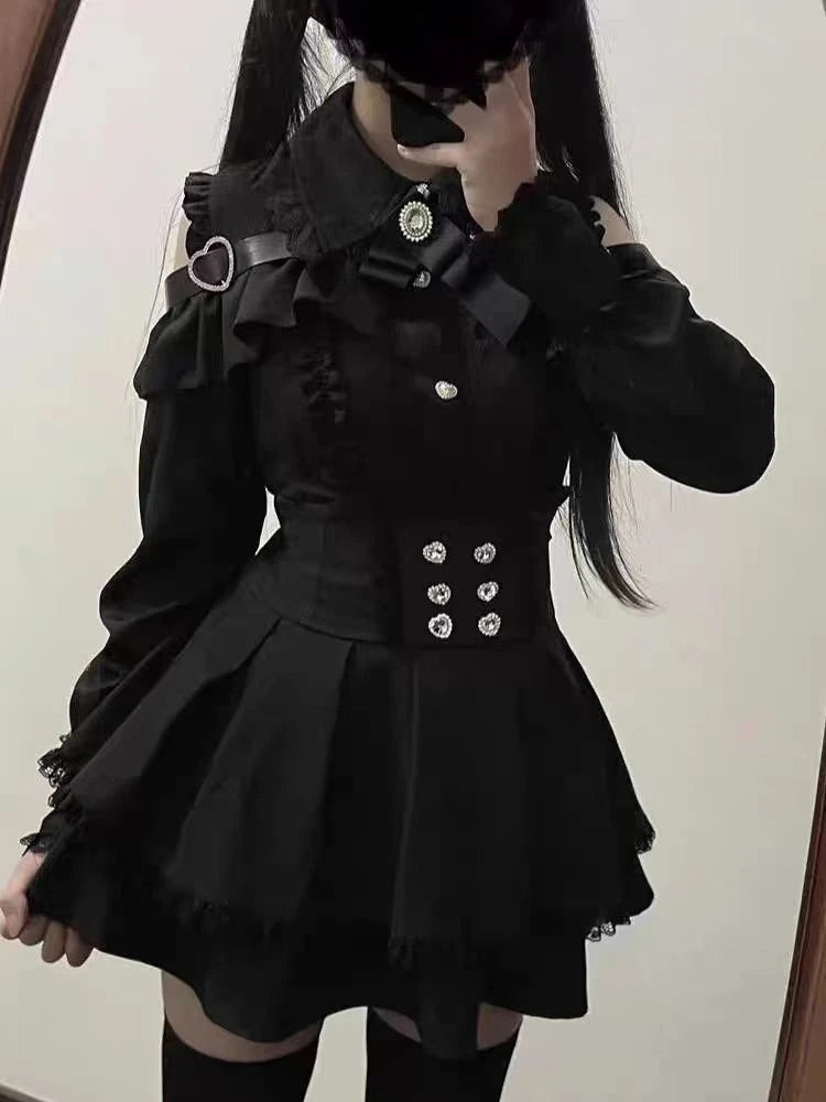 Harajuku Sweet Bow Black Plaid Dresses All-match Slim Fit Kawaii Lolita Dress for Women Autumn New Long Sleeve Vestidos De Mujer