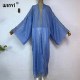 WINYI 2023 Women Bohemian Gold Thread Monochrome Elegant Casual Dress African Cardigans Outerwear For Women Summer Sexy Kimono