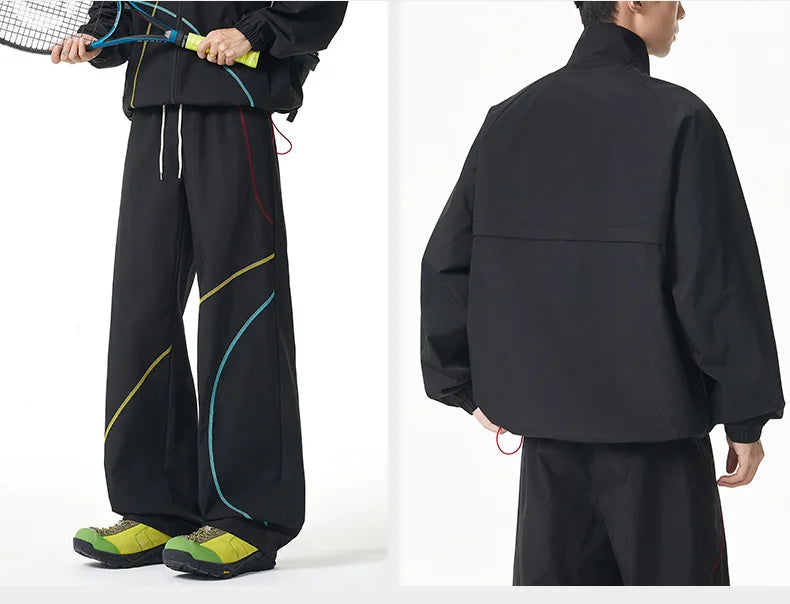 Unisex 2‑Pieces Tracksuit Set Color Contrast Stitching Stand Collar Zip‑Up Jacket Wide Leg Pants Windproof Outdoor Hiking Set