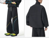 Unisex 2‑Pieces Tracksuit Set Color Contrast Stitching Stand Collar Zip‑Up Jacket Wide Leg Pants Windproof Outdoor Hiking Set