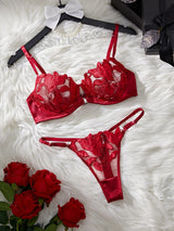 Floral Embroidery Sexy Lingerie Set Women Transparent Bralette Underwire Push Up Bra Panty 2 Piece Set